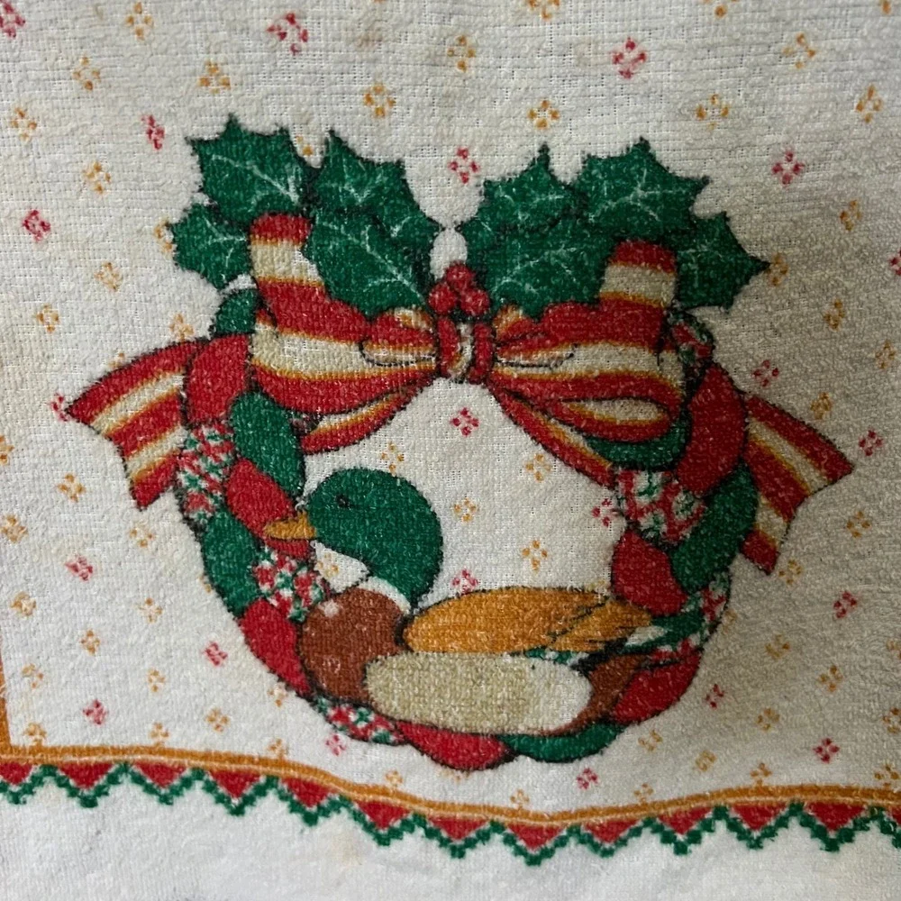 Vintage Duck and Bear Holiday Print Kitchen Towels Lot of 2 cottagecore kitsch